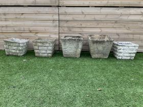 Set of five cast stone square planters