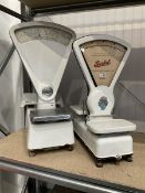 Two white enamel Berkel and J.A. Lorrimar and Co. shop fan scales