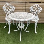 Victorian design - white painted cast aluminium garden table and two chairs