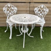 Victorian design - white painted cast aluminium garden table and two chairs