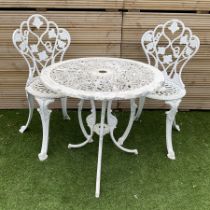 Victorian design - white painted cast aluminium garden table and two chairs