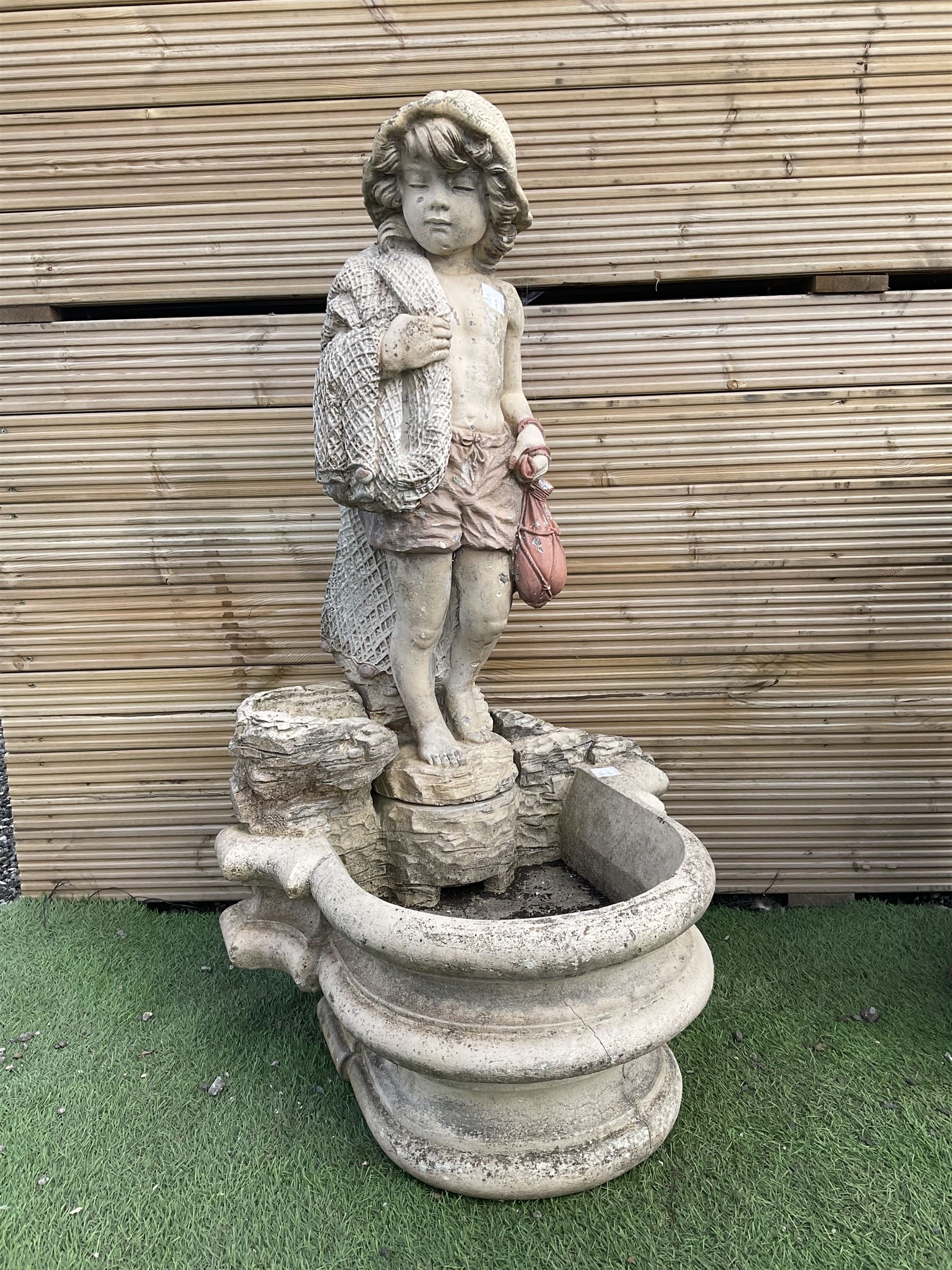 Three section cast stone garden figure of a boy carrying fishing net and a satchel with a water feat - Image 2 of 8