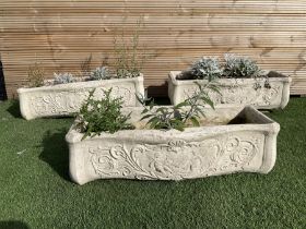 Set of three composite stone rectangular curved front planters