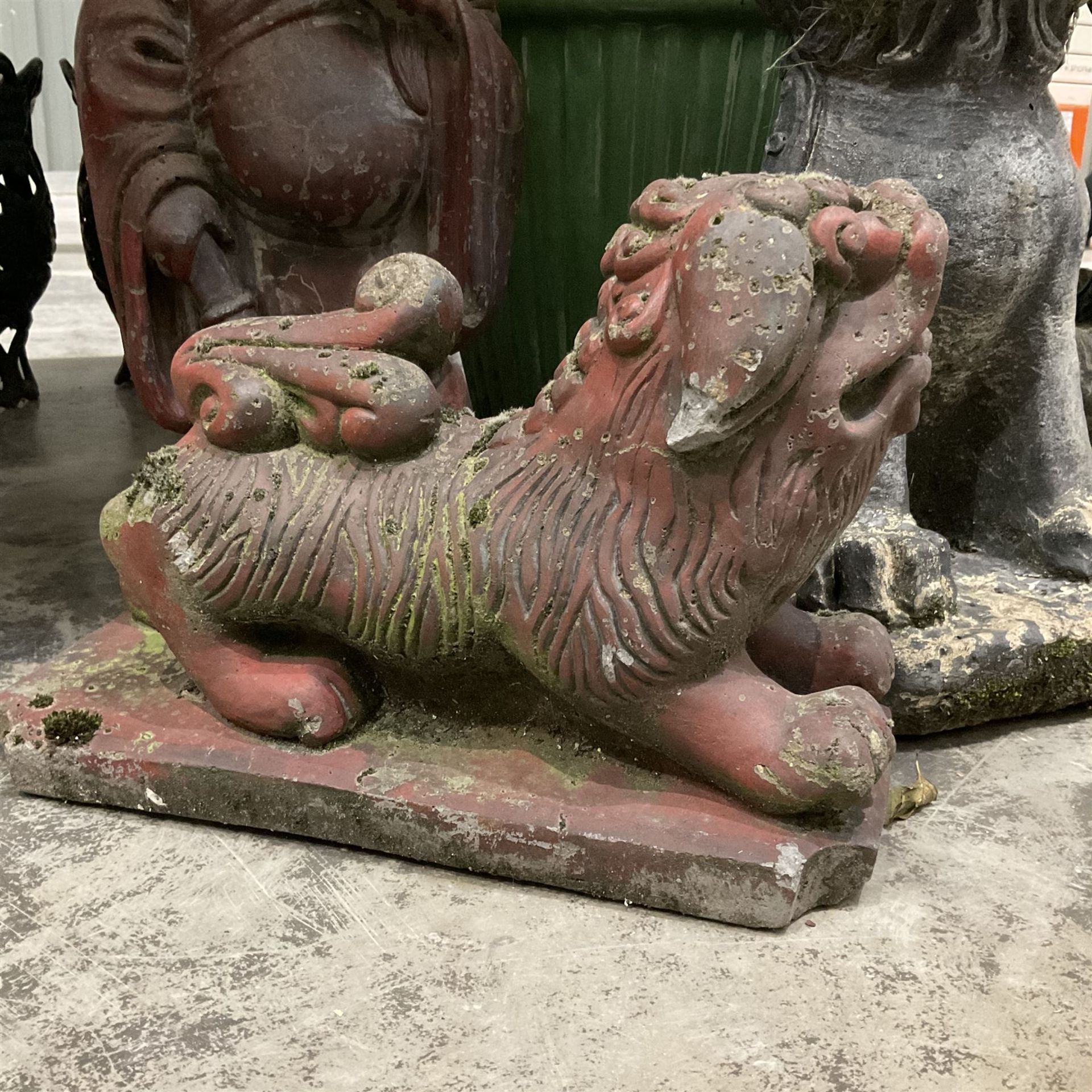 Set of four cast stone Chinese garden ornaments and green glazed terracotta pot - Image 2 of 3