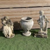Cast stone urn planter and two cast stone garden figures