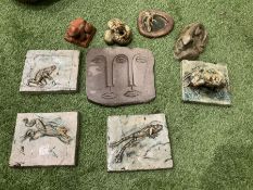 Five glazed frog garden ornaments and other
