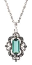 Silver green quartz and marcasite pendant necklace