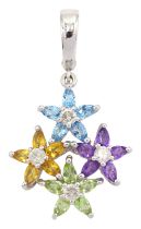 14ct white gold multi gemstone set flower head pendant