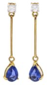 Pair of 9ct gold sapphire and white zircon pendant stud earrings
