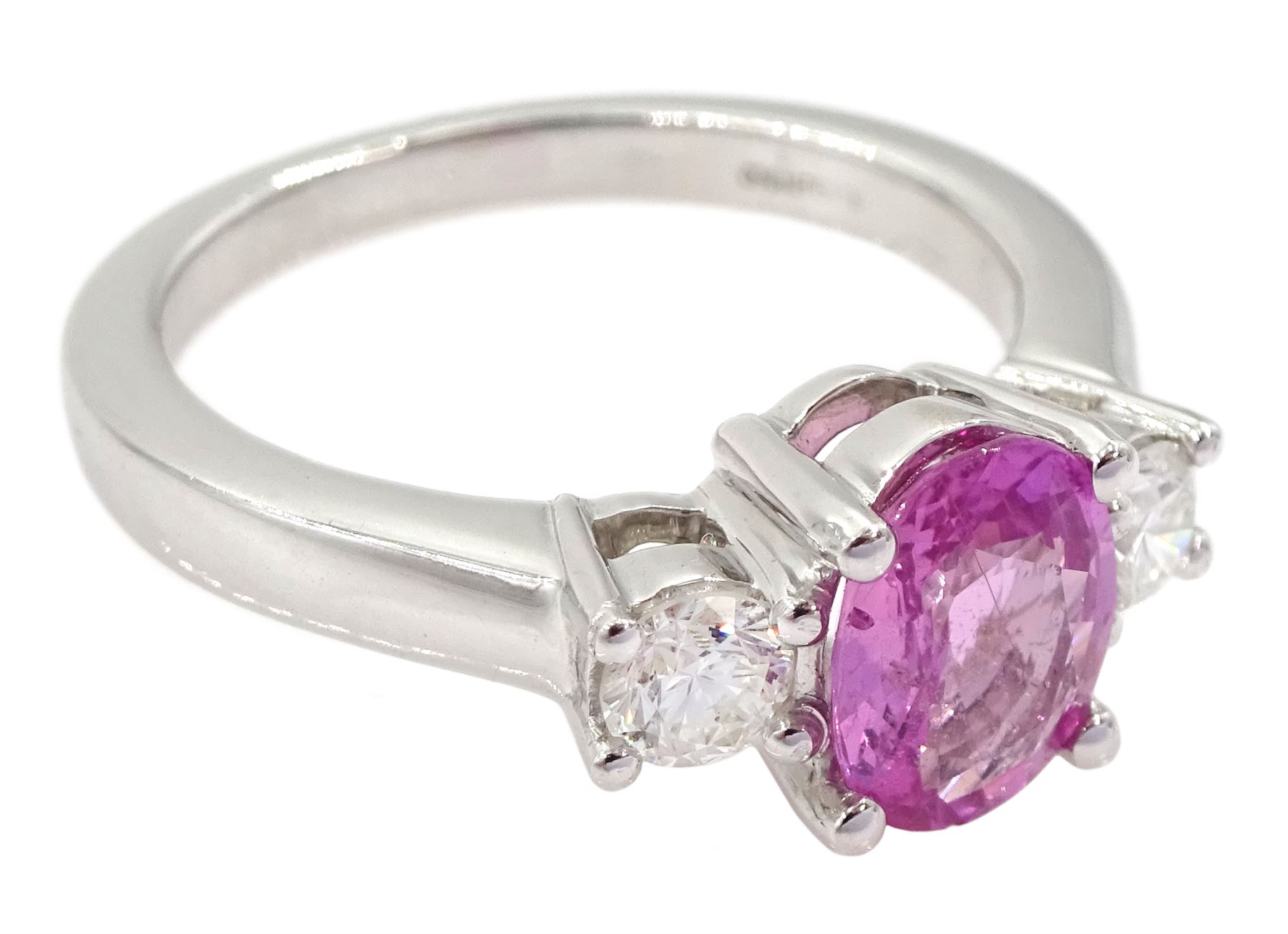 18ct white gold three stone oval cut pink sapphire and round brilliant cut diamond ring - Image 3 of 5