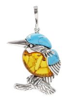Silver Baltic amber and turquoise kingfisher pendant