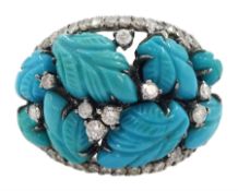 18ct gold black rhodium plated turquoise leaf and round brilliant cut diamond ring