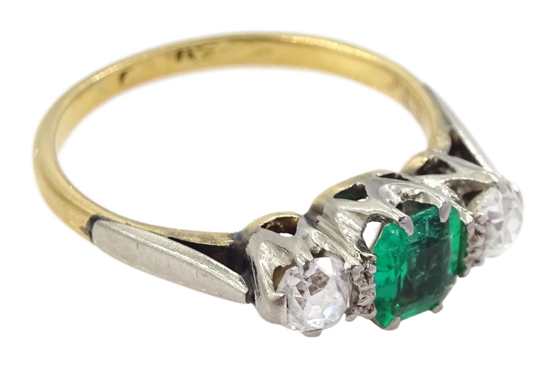 Early 20th century 15ct and palladium three stone emerald and old cut diamond ring - Image 3 of 4