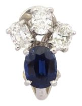18ct white gold oval cut sapphire and three stone oval cut diamond single earring
