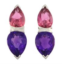 Pair of 18ct white gold pear cut amethyst and pink tourmaline stud earrings