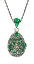 Silver green plique-a-jour and marcasite locket pendant necklace