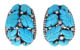 Pair of 18ct gold black rhodium plated turquoise leaf and round brilliant cut diamond stud earrings