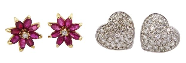 Pair of gold round brilliant cut diamond and marquise cut ruby cluster flower head stud earrings and
