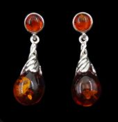 Pair of silver amber pendant stud earrings