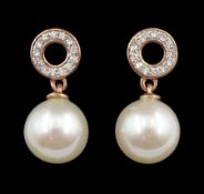 Pair of 9ct rose gold pink / white cultured pearl and pave set diamond pendant stud earrings