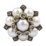 Gold and silver cultured white pearl and rose cut diamond flower head cluster ring