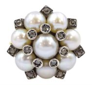 Gold and silver cultured white pearl and rose cut diamond flower head cluster ring