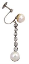 Early 20th century silver pearl diamond pendant screw back single earring