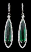 Pair of silver green paste stone and cubic zirconia pendant earrings