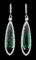 Pair of silver green paste stone and cubic zirconia pendant earrings