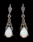 Pair of silver opal and marcasite pendant stud earrings