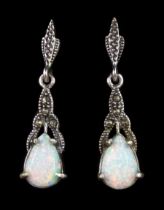 Pair of silver opal and marcasite pendant stud earrings