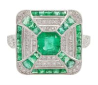 Platinum emerald and diamond square ring