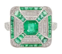 Platinum emerald and diamond square ring
