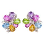 Pair of 18ct white gold multi gemstone set flower design earrings