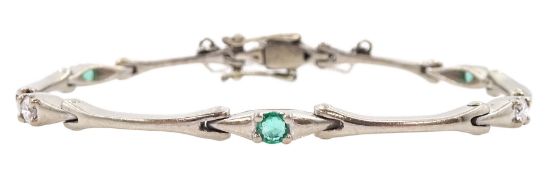 18ct white gold emerald and round brilliant cut diamond link bracelet