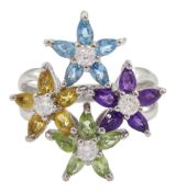 14ct white gold multi gemstone set flower head ring