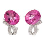 Pair of 14ct white gold oval pink sapphire and round brilliant cut diamond pendant stud earrings