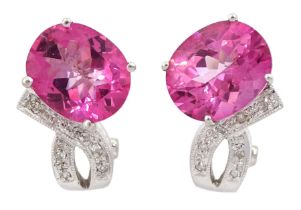 Pair of 14ct white gold oval pink sapphire and round brilliant cut diamond pendant stud earrings