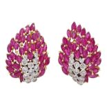 Pair of gold marquise cut ruby and round brilliant cut diamond