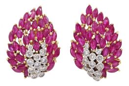 Pair of gold marquise cut ruby and round brilliant cut diamond