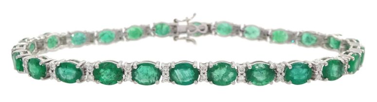 18ct white gold oval cut emerald and round brilliant cut diamond bracelet
