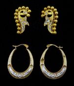 Pair of 20ct gold paste stone set earrings and a pair of 9ct gold hoop earrings