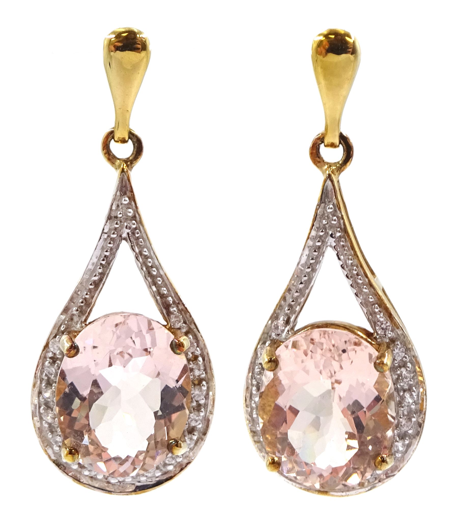 Pair of oval cut morganite and white zircon pendant stud earrings