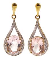 Pair of oval cut morganite and white zircon pendant stud earrings