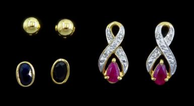 Three pairs of 9ct gold stud earrings including ruby and diamond chip and sapphire