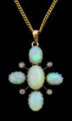 Early 20th century 9ct gold opal and rose cut diamond cross pendant