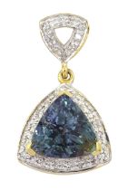 18ct gold trillion cut fancy colour tanzanite and diamond pendant
