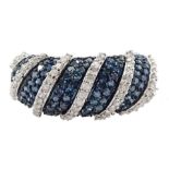 White gold pave set blue and white diamond ring