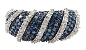 White gold pave set blue and white diamond ring