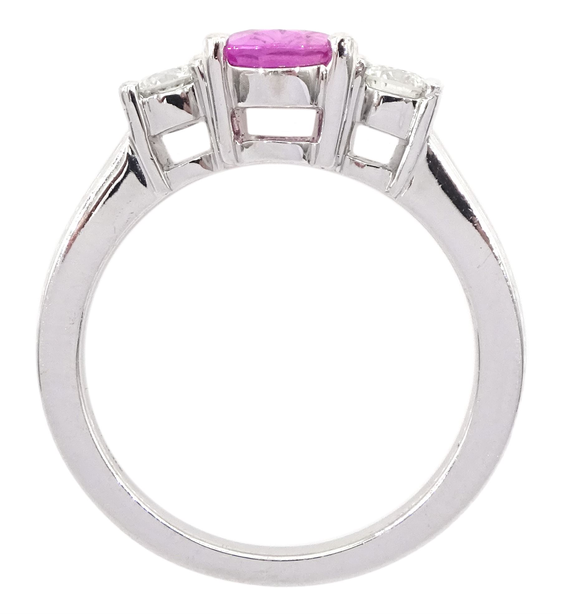 18ct white gold three stone oval cut pink sapphire and round brilliant cut diamond ring - Image 4 of 5